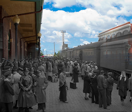 World War II soldiers at Great Northern Depot_A large number of soldiers in uniform standing on railroad platform at the Great Northern Depot, Fargo, N.D.