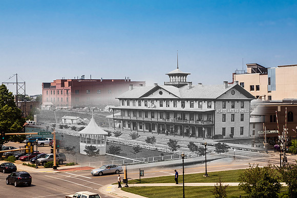 1880, Headquarters Hotel in Fargo View of the Headquarters Hotel taken from near the corner of Broadway and Front Street (Main Avenue) looking northwest.