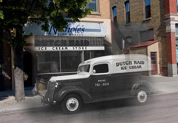 1930's_A Dutch Maid Ice Cream delivery truck parked in front of the store located at 13 8th Street S.